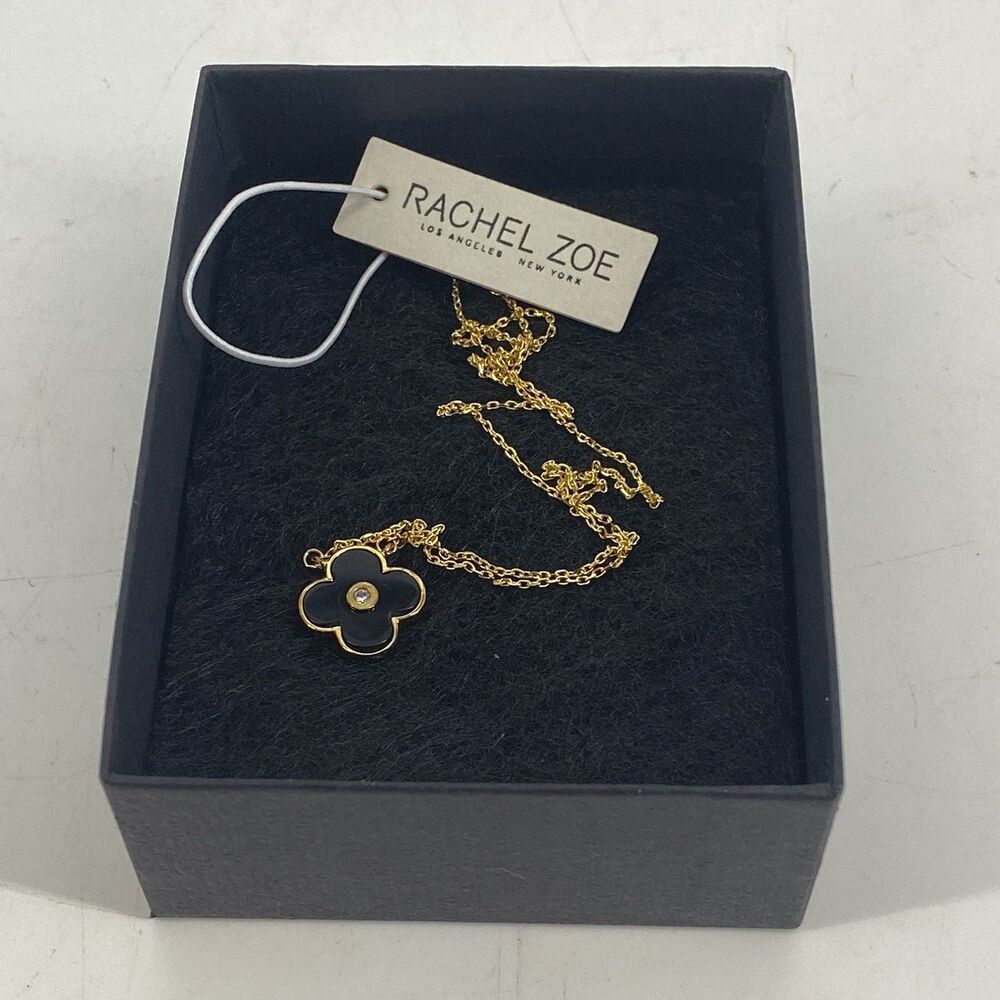 Rachel Zoe Black Clover CZ Pendant Necklace Gold Plated 925 Sterling Silver 18”